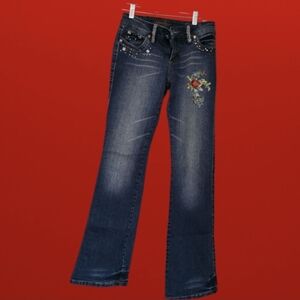❤️ Younique Dark Blue Flare Jeans with Floral Embroidery Sz 5 (NWOT)